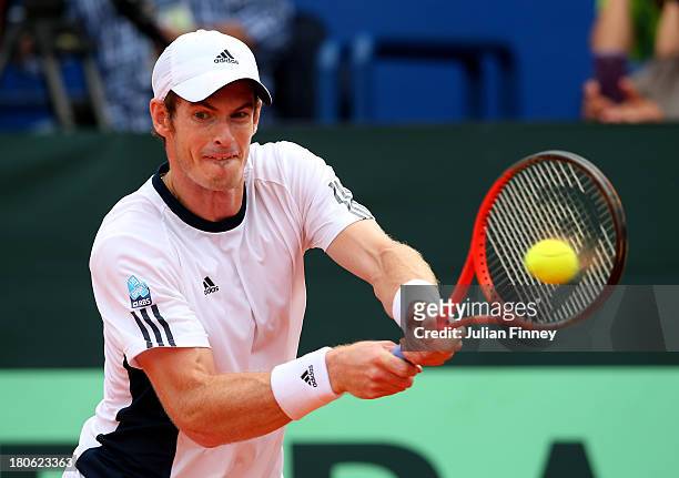 Andy Murray of Great Britain in action against Ivan Dodig of Croatia during day three of the Davis Cup World Group play-off tie between Croatia and...