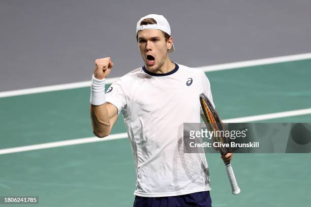 Otto Virtanen of Finland celebrates after winning the first set during the Quarter Final match against Gabriel Diallo of Canada in the Davis Cup at...