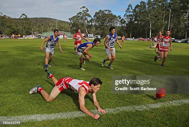 Players compete for the ball during the Yarra Valley Mountain District Football League Under 18 Grand Final between Olinda Ferny Creek and Warburton...