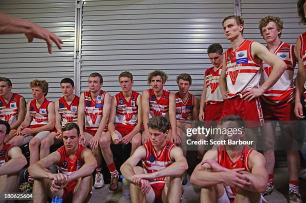 Olinda Ferny Creek players listen to their coach at half time inside of their changing room during the Yarra Valley Mountain District Football League...