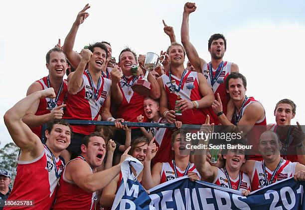 Healesville players celebrate after being presented with the premiership flag and trophy after winning the Yarra Valley Mountain District Football...