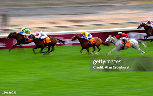 Christophe Soumillon riding Domeside win The Qatar Prix Gladiateur Grand Prix des Benevoles at Longchamp racecourse on September 15, 2013 in Paris,...