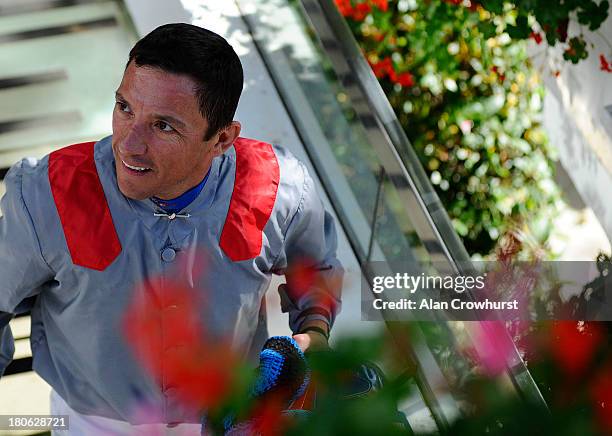 Frankie Dettori smiles after he wins The Qatar Prix Vermeille at Longchamp racecourse on September 15, 2013 in Paris, France.