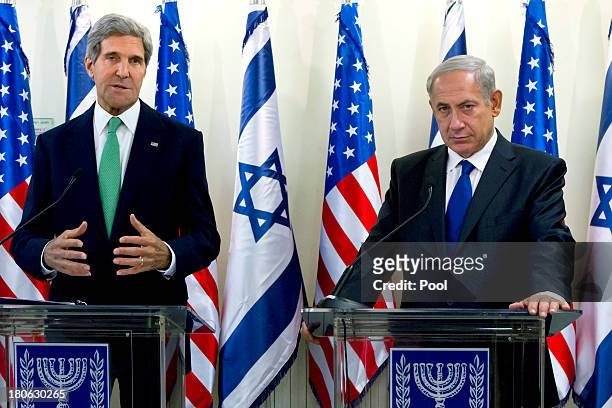 United States Secretary of State John Kerry and Israeli Prime Minister Benjamin Netanyahu give a press statement after their lengthly meeting in the...