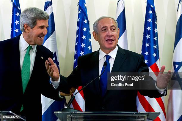 United States Secretary of State John Kerry and Israeli Prime Minister Benjamin Netanyahu give a press statement after their lengthly meeting in the...