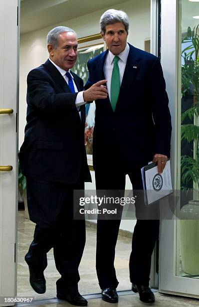 United States Secretary of State John Kerry and Israeli Prime Minister Benjamin Netanyahu as they walk out from their lengthly meeting in the prime...