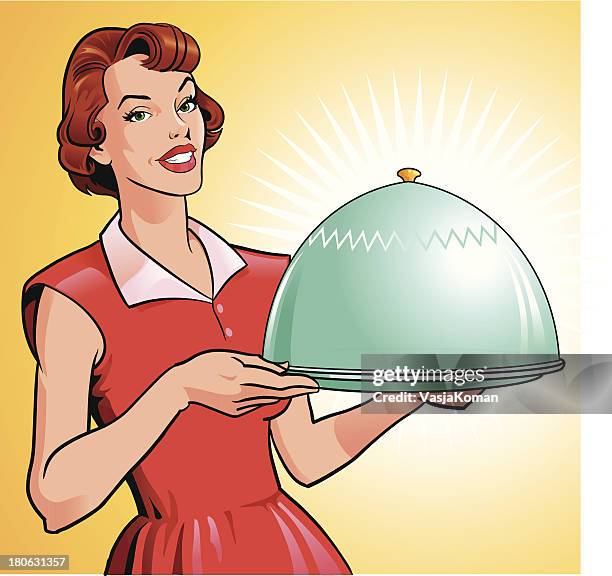 woman holding tray with gourmet meal - showing off stock illustrations