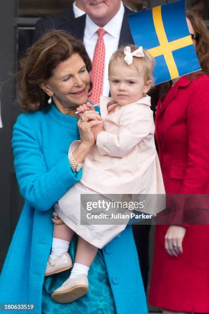 Queen Silvia of Sweden and her grandaughter Princess Estelle of Sweden attend the city of Stockholm's celebrations for King Carl Gustaf's 40th...