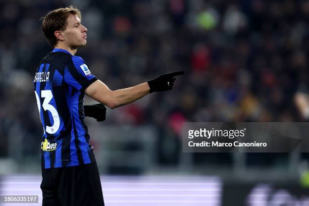 Nicolo Barella of Fc Internazionale gestures during the Serie A football match between Juventus Fc and Fc Internazionale. The match ends in a tie 1-1.