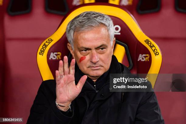 Jose Mourinho coach of AS Roma with the red sign of solidarity on the international day against violence against women waves during the Serie A...
