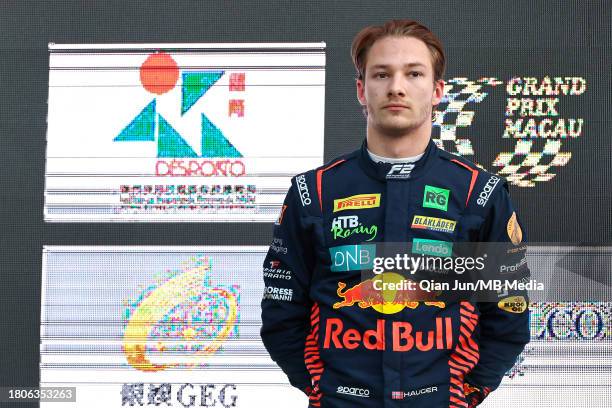 Dennis Hauger of Norway and MP MOTORSPORT on the podium during the Formula 3 Macau Grand Prix FIA F3 World Cup as part of the 70th Macau Grand Prix...