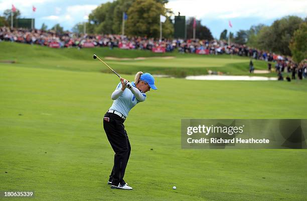 Suzann Pettersen of Norway plays into the 18th green during the third round of The Evian Championship at the Evian Resort Golf Club on September 15,...