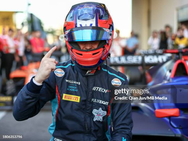 Luke Browning of Great Britain and Hitech Pulse-Eight celebrates his win in parc feme during the Formula 3 Macau Grand Prix FIA F3 World Cup as part...