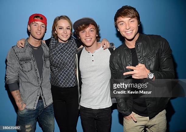 Actress Bridgit Mendler poses with the band Emblem3 at the "T.J. Martell Foundation's 14th Annual Family Day Honoring Paradigm Talent Agency's Marty...