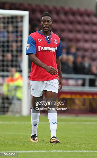 Amine Linganzi of Gillingham in action during the Sky Bet League One match between Coventry City and Gillingham at Sixfields Stadium on September 15,...