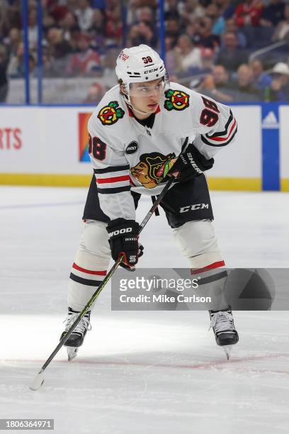 Connor Bedard of the Chicago Blackhawks against the Tampa Bay Lightning during the game at the Amalie Arena on November 9, 2023 in Tampa, Florida.