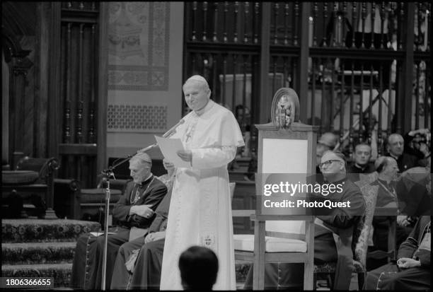 View of Pope John Paul II as he speaks at the Cathedral Basilica of Saints Peter and Paul during a Papal Visit to the United States, Philadelphia,...