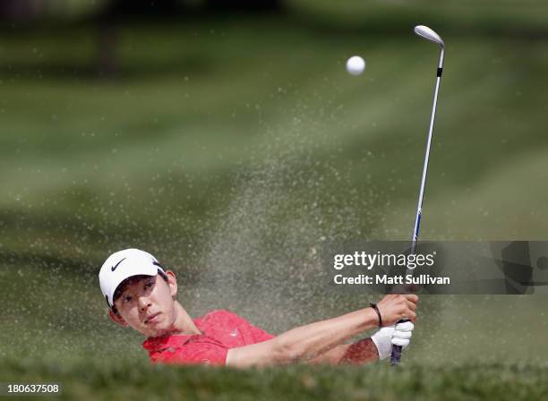 Seung-Yul Noh of South Korea hits from the sand on the second hole during the final round of the Nationwide Children's Hospital Championship on...