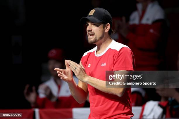 Captain Frank Dancevic reacts during the Quarter Final match against Finland in the Davis Cup at Palacio de Deportes Jose Maria Martin Carpena on...