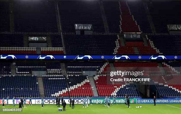 Newcastle United's players attend a training session at the Parc des Princes Stadium in Paris on November 27 on the eve of their UEFA Champions...