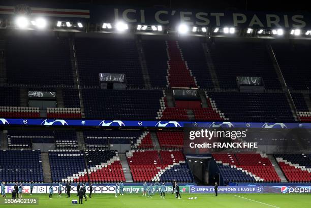 Newcastle United's players attend a training session at the Parc des Princes Stadium in Paris on November 27 on the eve of their UEFA Champions...