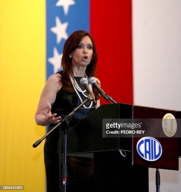 La primera dama y senadora de Argentina Cristina Fernandez de Kirchner pronuncia un discurso para la comunidad judia de Venezuela en el club Hebraica...