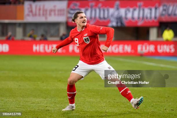 Marcel Sabitzer of Austria celebrates after scoring the team's first goal during the international friendly match between Austria and Germany at...