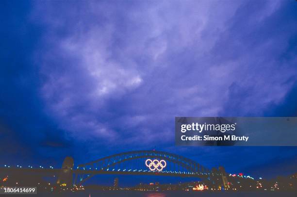 The Olympic Rings lit up on the Harbour Bridge during the Sydney 2000 Olympic Games on September 20th, 2000 in Sydney, Australia.