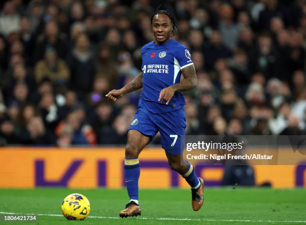 Raheem Sterling of Chelsea on the ball during the Premier League match between Tottenham Hotspur and Chelsea FC at Tottenham Hotspur Stadium on...