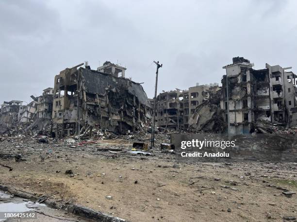 View of Burj al-Nada and Burj al-Awda buildings destroyed due to Israeli attacks on the fourth day of the humanitarian pause between Israel and Hamas...