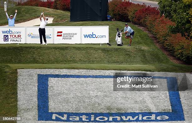 Edward Loar of the U.S. Hits his tee shot on the 17th hole during the final round of the Nationwide Children's Hospital Championship on September 15,...
