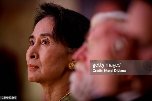 Myanmar's opposition leader and Nobel Peace Prize laureate Aung San Suu Kyi attends the opening ceremony of 17th Forum 2000 Conference on September...