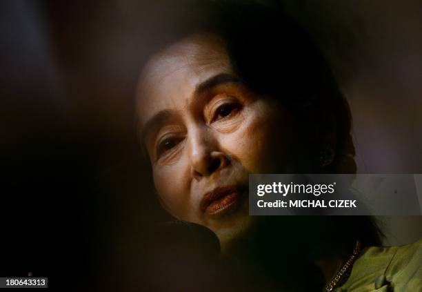 Nobel peace laureate and and Myanmar pro-democracy icon Aung San Suu Kyi delivers a speech during the 17th Forum 2000 Conference opening ceremony on...