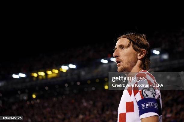 Luka Modric of Croatia looks on during the UEFA EURO 2024 European qualifier match between Croatia and Armenia at Stadion Maksimir on November 21,...