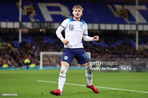 Harvey Elliott of England celebrates after scoring the team's second goal during the UEFA U21 Euro 2025 Qualifier match between England and Northern...