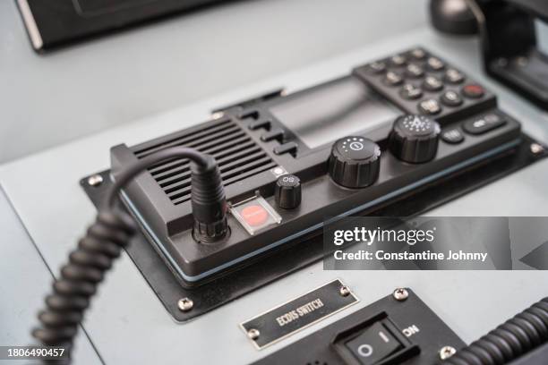 naval ship navigation and communication systems control panel and switchboard with ecdis switch and distress button - control dial stock pictures, royalty-free photos & images