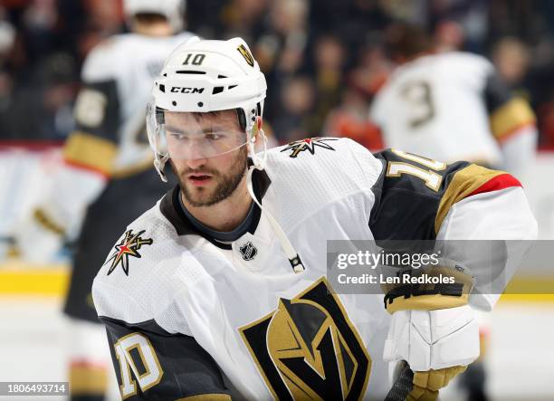 Nicolas Roy of the Vegas Golden Knights skates during warm-ups prior to his game against the Philadelphia Flyers at the Wells Fargo Center on...