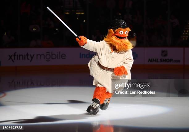 Gritty the mascot of the Philadelphia Flyers skates on the ice prior to and NHL game against the Vegas Golden Knights on Star Wars Night at the Wells...
