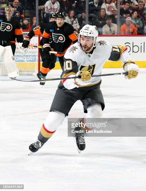 Nicolas Roy of the Vegas Golden Knights skates during the first period against the Philadelphia Flyers at the Wells Fargo Center on November 18, 2023...