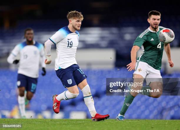 Harvey Elliott of England scores the team's third goal during the UEFA U21 Euro 2025 Qualifier match between England and Northern Ireland at Goodison...