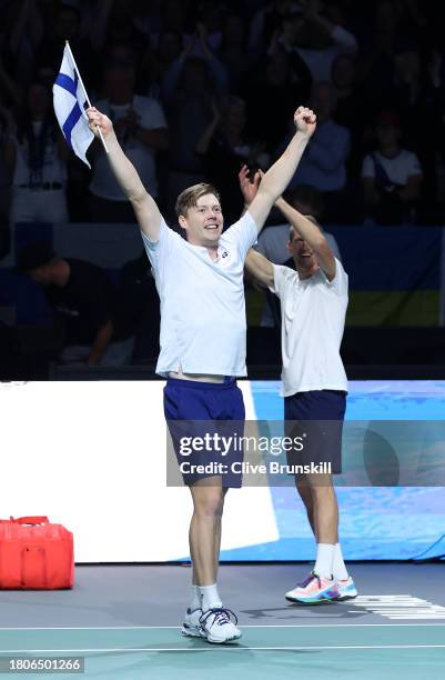 Harri Heliovaara of Finland celebrates winning match point during the Quarter Final match against Vasek Pospisil and Alexis Galarneau of Canada in...