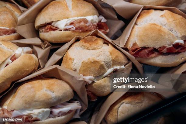takeaway sandwiches bun with salami and mozzarella - prosciutto ストックフォトと画像