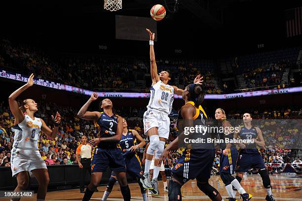 Iziane Castro Marques of the Connecticut Sun takes a shot against the Indiana Fever on September 15, 2013 at the Mohegan Sun in Uncasville,...