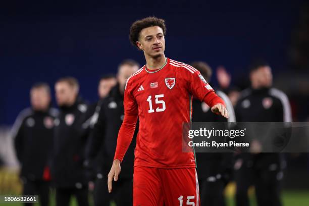 Ethan Ampadu of Wales reacts after the UEFA EURO 2024 European qualifier match between Wales and Turkey at Cardiff City Stadium on November 21, 2023...