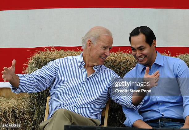 Vice President Joe Biden and San Antonio Mayor Julian Castro share a moment onstage at the 36th Annual Harkin Steak Fry on September 15, 2013 in...