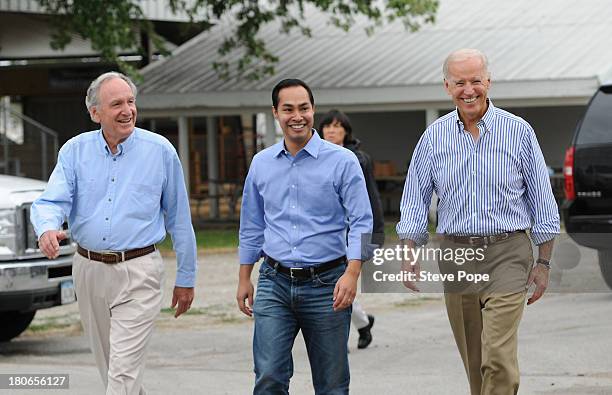 Vice President Joe Biden, San Antonio Mayor Julian Castro, and U.S. Sen. Tom Harkin arrive at the 36th Annual Harkin Steak Fry on September 15, 2013...