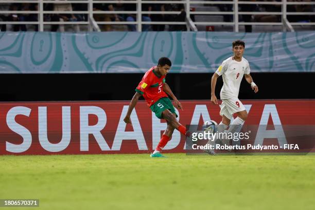 Abdelhamid Ait Boudlal of Morocco shoots the ball during the FIFA U-17 World Cup Round of 16 match between Morocco and IR Iran at Gelora Bung Tomo...