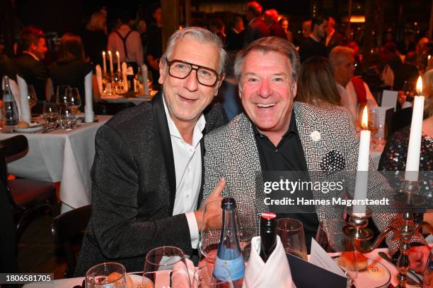 Peter Schäfer and Patrick Lindner during the VIP Premiere of Teatro Menu by Käfer at Teatro Spiegelzelt on November 21, 2023 in Munich, Germany.