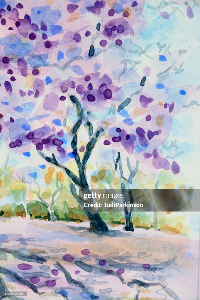 Branches and Flowers Jacaranda Tree Watercolor Painting Detail