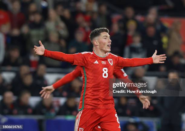 Harry Wilson of Wales protests to the referee during the UEFA EURO 2024 European qualifier match between Wales and Turkey at Cardiff City Stadium on...